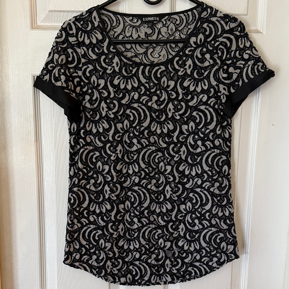 Express Black and Gray Lace Short Sleeve Top